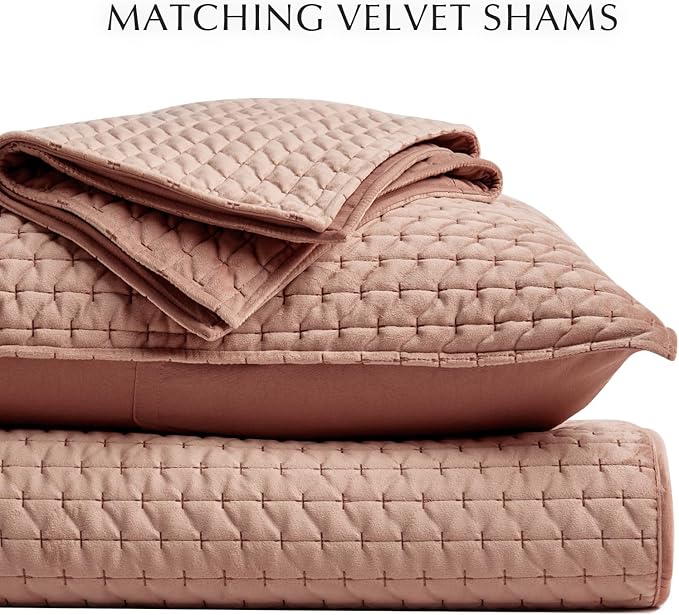 EVERGRACE Luxury Velvet Quilt Set Queen Size 3 Piece, Soft Cross-Stitch Velvet Comforter Set with Pillow Shams, Lightweight Coverlet Bedspread Bedding Set for All Seasons, Terracotta Clay
