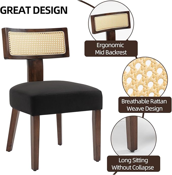 Upholstered Rattan Dining Chairs Set of 2, Mid-Century Modern Fabric Dining Room Chairs with Brown Hardwood Frame, Curved Backrest Kitchen Chairs for Living Room (Black)