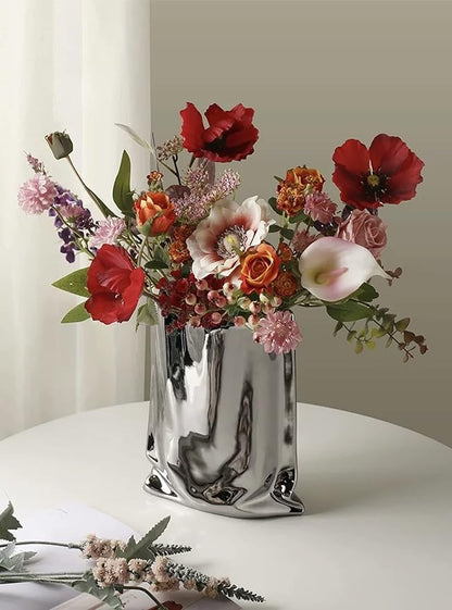 BLOFLO Silver Ceramic Modern Vase Crinkle Fold Paper Bag Handmade Ceramic Vase, Creative Flower Arrangement Ornaments, Decorative Vases for Home Decor, Mantel, Living Room Decoration (Silver)