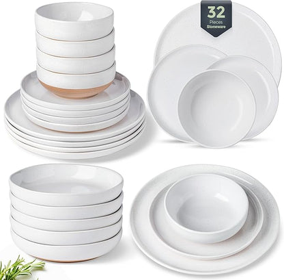 AmorArc 32 Pieces Ceramic Dinnerware Sets for 8, Handpainted Plates and Bowls Set with Rustic Terracotta Underside, Scratch Resistant Stoneware Dishes Set, Dishwasher & Microwave Safe, White