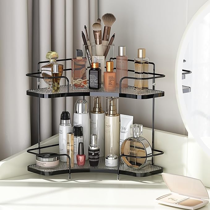 FOLLOWIN 2 Tier Bathroom Countertop Corner Organizer,Countertop Perfume,Vanity Counter Shelf,Skincare Makeup Cosmetic Vanity Organizers,Elegant Black