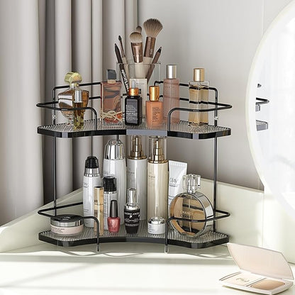 FOLLOWIN 2 Tier Bathroom Countertop Corner Organizer,Countertop Perfume,Vanity Counter Shelf,Skincare Makeup Cosmetic Vanity Organizers,Elegant Black