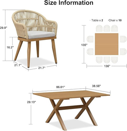 PURPLE LEAF 12 Pieces Patio Dining Set with Outdoor Aluminium Dining Table and Woven Chairs Modern Metal Furniture Cushions Sets for Garden Yard Indoor Decor Kitchen Teak