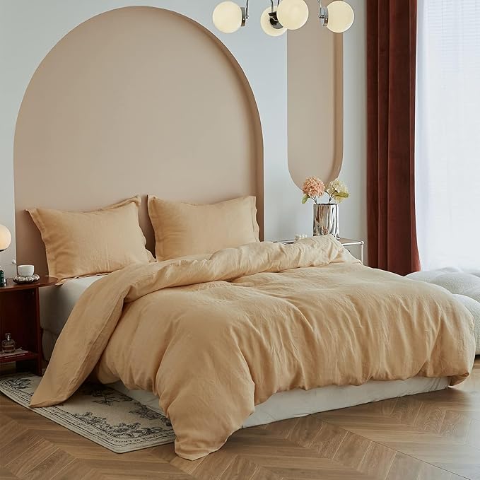 Simple&Opulence 100% Linen Duvet Cover Set, 3 PCS Natural French Flax Sand Duvet Cover Queen Size, Breathable Soft Comfy Linen Bedding Comforter Cover with 2 Pillowcases(Sand, 88"x92")