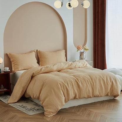 Simple&Opulence 100% Linen Duvet Cover Set, 3 PCS Natural French Flax Sand Duvet Cover Queen Size, Breathable Soft Comfy Linen Bedding Comforter Cover with 2 Pillowcases(Sand, 88"x92")