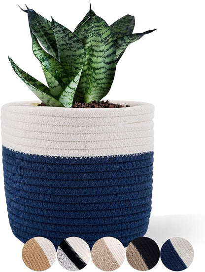 Cotton Rope Plant Basket Woven Baskets for 6" Pot Floor Indoor Planters,Rustic Home Decor H6 3/4" x W6 1/2" White Stitching Navy Blue