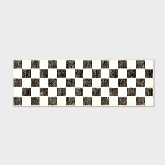 EVERGRACE Checkered Plaid Area Rug 2x6, Soft Fuzzy Faux Wool Rugs Washable Anti Slip Rugs Long Runner Rug Carpet for Entryway Bedroom Living Room Hallway Kitchen Dining Room and Laundry Room, Black