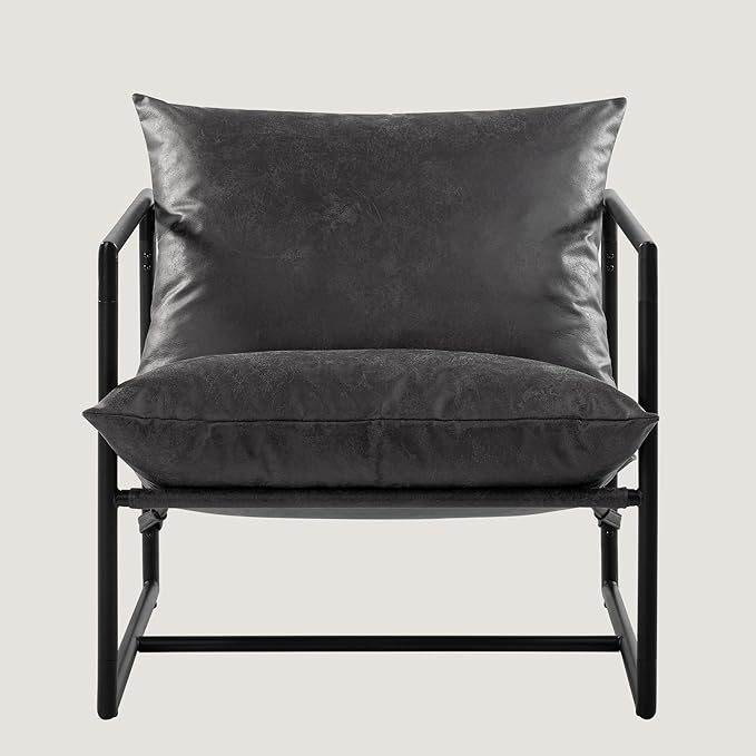 ZINUS Aidan Faux Leather Sling Accent Chair, Metal Framed Armchair with Shredded Foam Cushioning, Slate Grey