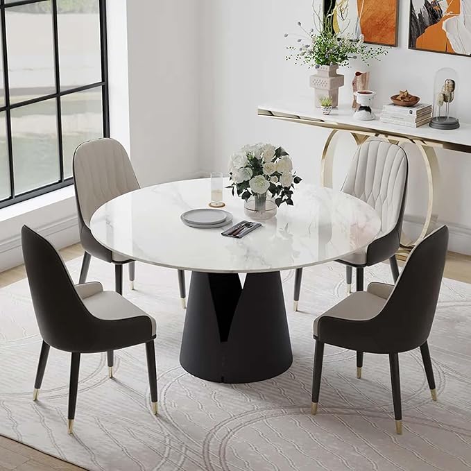 POVISON Round Dining Table for 4, Modern Dining Table 51'', Glossy White Sintered Stone Dining Tabletop with Solid Black Carbon Steel Base, Circle Kitchen Table for Dining Room (Table Only)