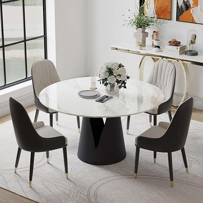 POVISON Round Dining Table for 4, Modern Dining Table 51'', Glossy White Sintered Stone Dining Tabletop with Solid Black Carbon Steel Base, Circle Kitchen Table for Dining Room (Table Only)
