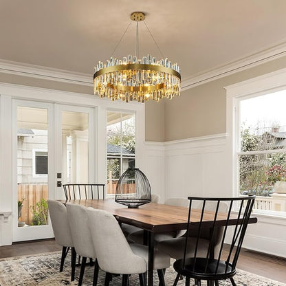 Siljoy Modern Crystal Chandelier 16-Light Large Luxury Gold 2-Tiers Raindrop Chandelier Flush Mount Crystal Pendant Ceiling Light Fixture for Living Room Dining Room Entryway Foyer D31.5''