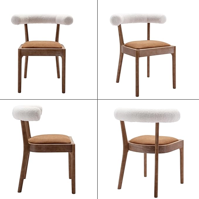 Wood Dining Chairs Set of 6, Mid Century Modern Living Room Chairs with Unique Curved Sherpa Open Back Comfy PU Upholstered Side Chair for Kitchen/Restaurant/Reception, Brown