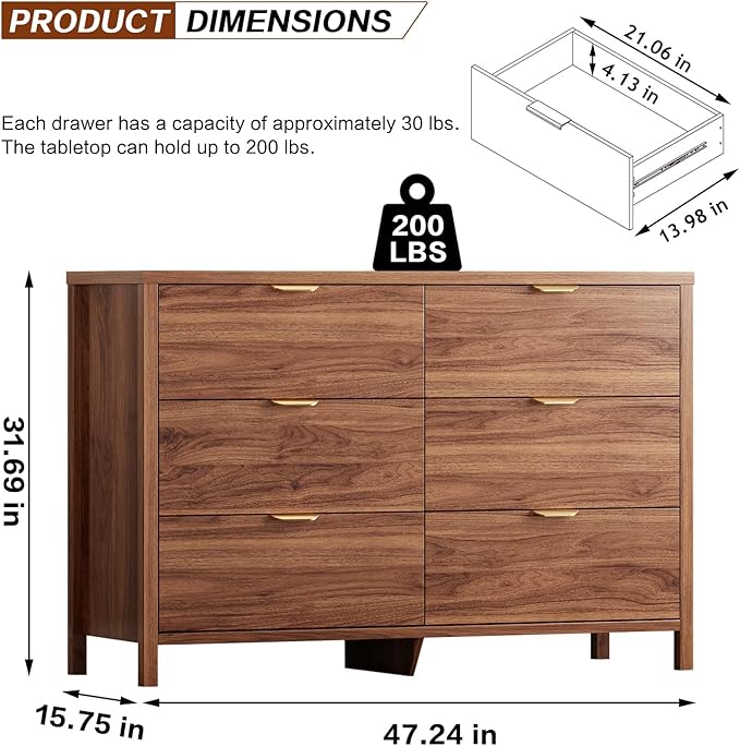 Fluted Dresser for Bedroom with 6 Drawers, 47.2" Modern Chest of Drawers, Dresser TV Stand, Wood Drawer Organizer for Living Room, Hallway, Brown
