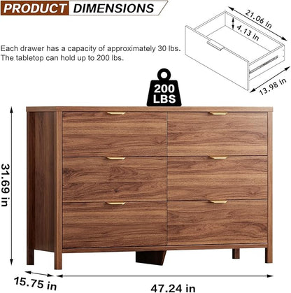 Fluted Dresser for Bedroom with 6 Drawers, 47.2" Modern Chest of Drawers, Dresser TV Stand, Wood Drawer Organizer for Living Room, Hallway, Brown