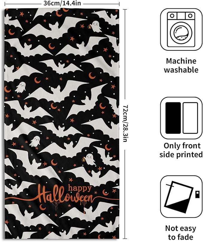 Happy Halloween Hand Towels Set of 2 Absorbent Holiday Kitchen Towels Decorative White Bat Ghost Orange Star Moon
