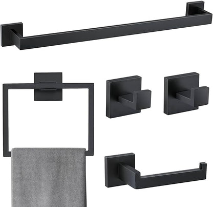 5 Pieces Bathroom Hardware Accessories Set Matte Black Towel Bar Set Towel Holder Racks Set for Bathroom,SUS304 Stainless Steel,Wall Mounted 23.6-Inch