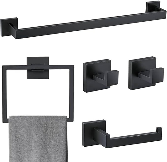 5 Pieces Bathroom Hardware Accessories Set Matte Black Towel Bar Set Towel Holder Racks Set for Bathroom,SUS304 Stainless Steel,Wall Mounted 23.6-Inch