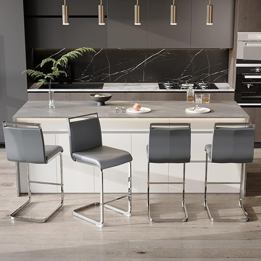 Bar Stools Set of 4,25" Counter Height Bar Stools with Footrest,Grey Faux Leather Kitchen Stools with Chrome Plated Metal Leg,Counter Height Stool Ideal for Island Pub Kitchen Counter Dining Chair