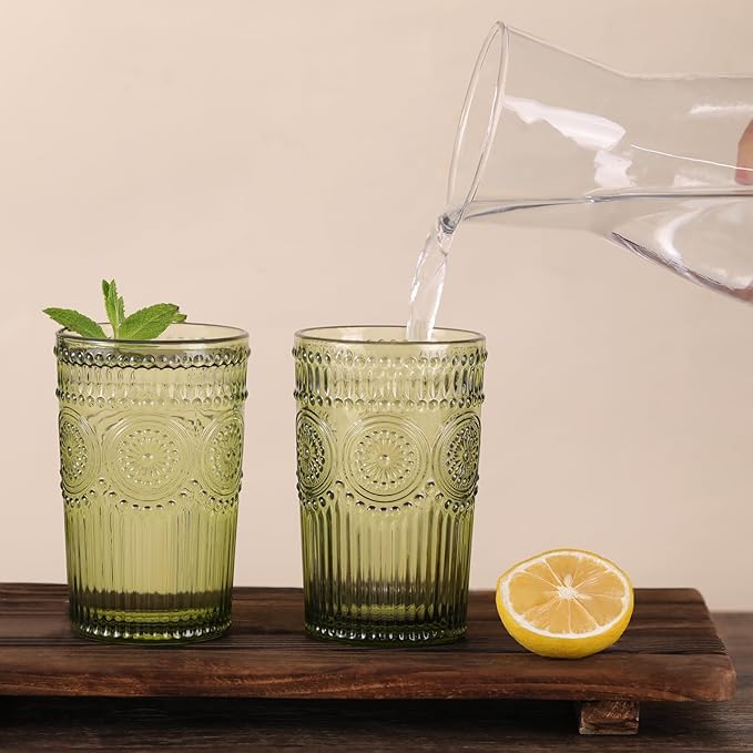 Vintage Glassware Drinking Glasses Set of 4-13 oz Green Highball Glasses Water Tumbler, Embossed Glassware Cups for Juice, Beer, Cocktail, Whiskey, Various Mixed Drinks