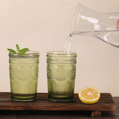 Vintage Glassware Drinking Glasses Set of 4-13 oz Green Highball Glasses Water Tumbler, Embossed Glassware Cups for Juice, Beer, Cocktail, Whiskey, Various Mixed Drinks