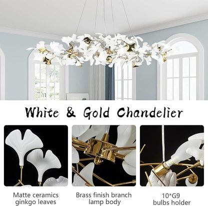 59in Gold Branch Chandelier, Modern White Ginkgo Leaf Chandeliers, Hanging Brass Gold Chandelier Pendant Light Fixture for Living Room, Dining Room 10-Light