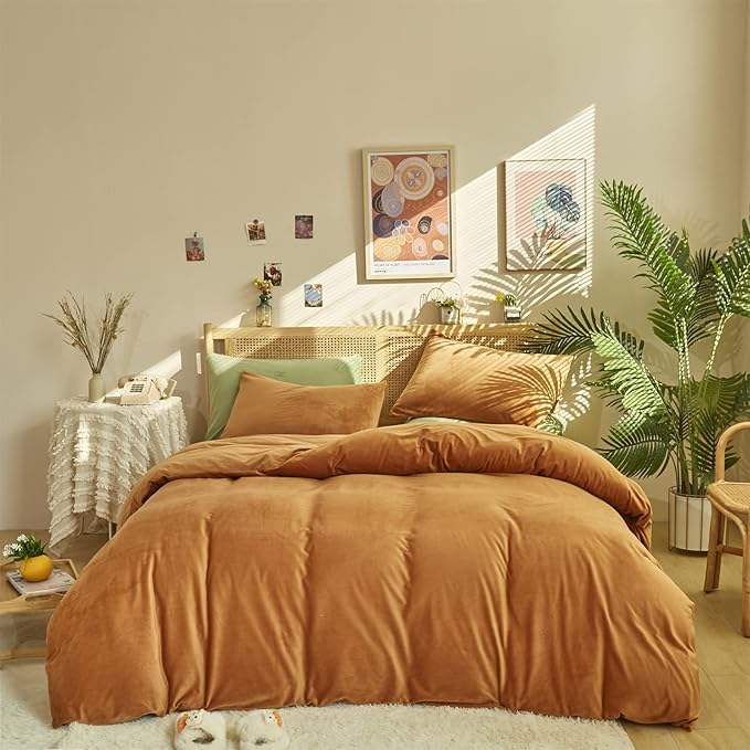 Pureant Pumpkin Comforter Set King Burnt Orange Velvet Bedding Comforters Women Girls Solid Terracotta Aesthetic Flannel Quilts Soft Warm Light Caramel Plush Blanket Sherpa Luxury Shaggy Cinnamon Bed