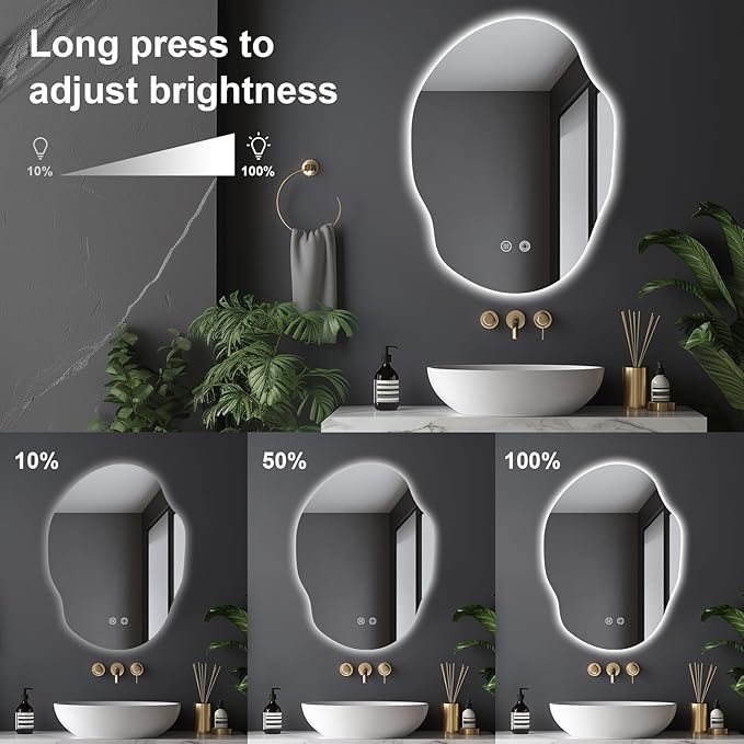 Irregular LED Bathroom Mirror with Lights,Asymmetrical Led Bathroom Vanity Mirror for Wall with Front and Backlit, Anti Fog, 3 Colors and Dimmable Light,[Horizontal/Vertical] 30" H x 22" W