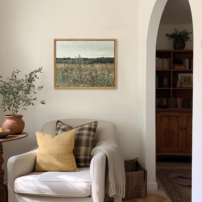 KBKBART Framed Canvas Print Wall Art, Vintage Wall art Wildflower Field Vintage Print, Neutral Country Meadow Landscape Nature Painting Rustic Farmhouse Decor, Retro Botanical Bathroom Wall Decor for