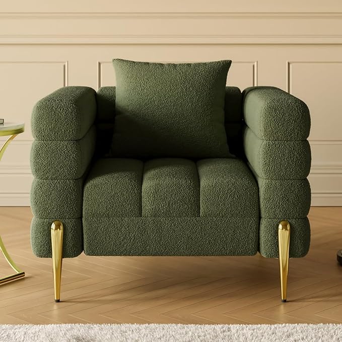 White Accent Chair, Mid Century Boucle Upholstered Armrest Chair for Bedroom, Living Room Chairs, Comfy Reading Chair, Office (Green)