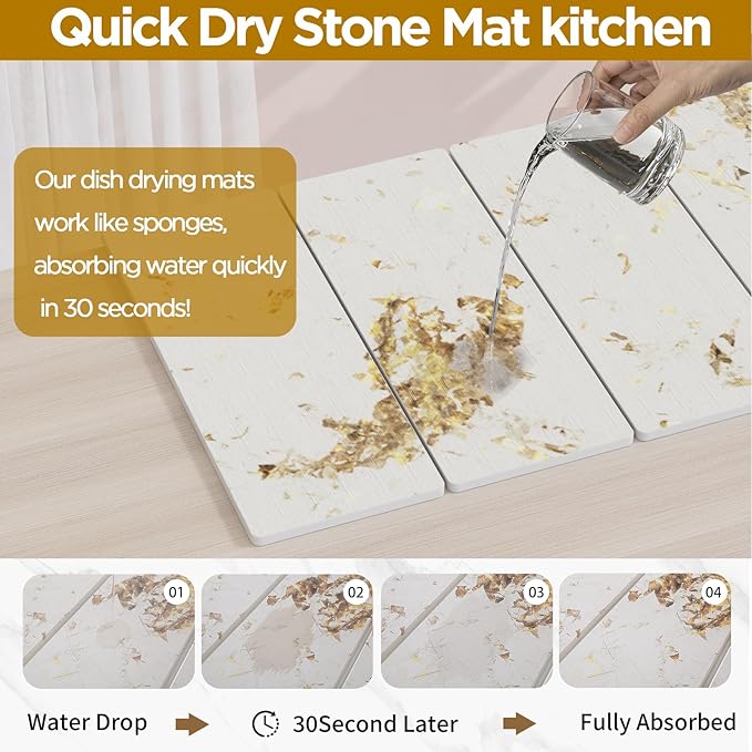 Stone Drying Mat for Kitchen Counter, White Italian Translucent Stone Dish Drying Mat-Diatomite Water Absorbing Drying Stone for Kitchen Counter Mat, Quick Dry Stone Mat Kitchen for Cups Bottles.