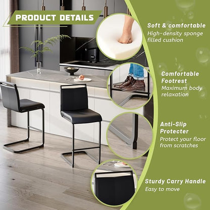 Bar Stools Set of 2,25" Counter Height Bar Stools with Footrest,Black Faux Leather Kitchen Stools with Black Painted Metal Leg,Counter Height Stool Ideal for Island Pub Kitchen Counter Dining Chair