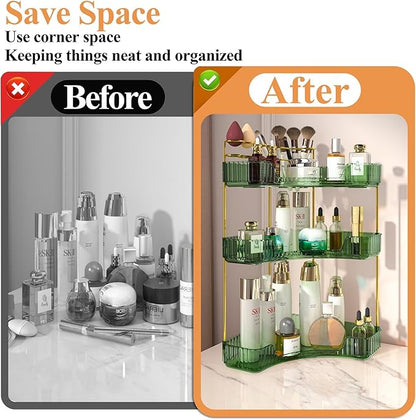 SUNZOS 3-Tier Corner Bathroom Counter Organizer, Bathroom Organizer Countertop with Makeup Brush Holder, Vanity Makeup Cosmetic Storage, Corner Storage Organizers for Dresser