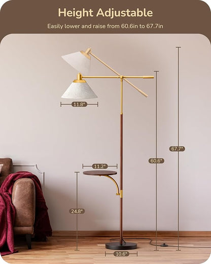 EDISHINE 68" Arc Floor Lamp with Table, Vintage Standing Lamp for Living Room, Tall Reading Lamp, Beige Shade, Adjustable Arm, Remote Dimmable Bulb Included, for Bedroom Office, Wood Grain