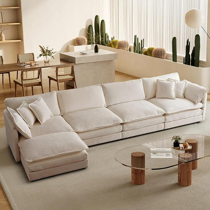 SoarFlash Chenille Sectional Sofa, Comfy L Shaped Modular Coush Sofa with Ottoman, Modern 4 Seat Couch Deep Seat Sofa Set for Living Room,Light Coffee