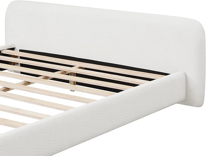 King Size Bed Frame, Upholstered Cloud Boucle Platform Beds Frames with Headboard, Anti-Collision Soft Rounded Corners Footboard, No Box Spring Required, Easy Assembly (23.8" White, King)