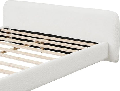 King Size Bed Frame, Upholstered Cloud Boucle Platform Beds Frames with Headboard, Anti-Collision Soft Rounded Corners Footboard, No Box Spring Required, Easy Assembly (23.8" White, King)