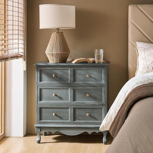 HULALA HOME 3 Drawer Nightstand with Charging Station Drawer Organizer with Wood Legs Farmhouse Solid Wood, Blue
