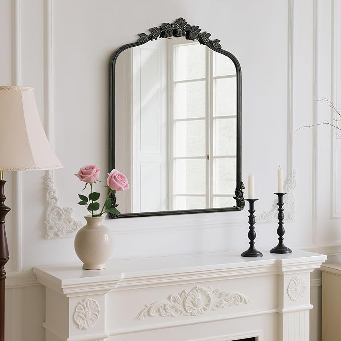 WallBeyond Black Antique Mirror for Vanity 24x32 Inch, Black Vintage Mirror with Ornate Frame, Arched Vintage Wall for Bathroom, Living Room, Fireplace