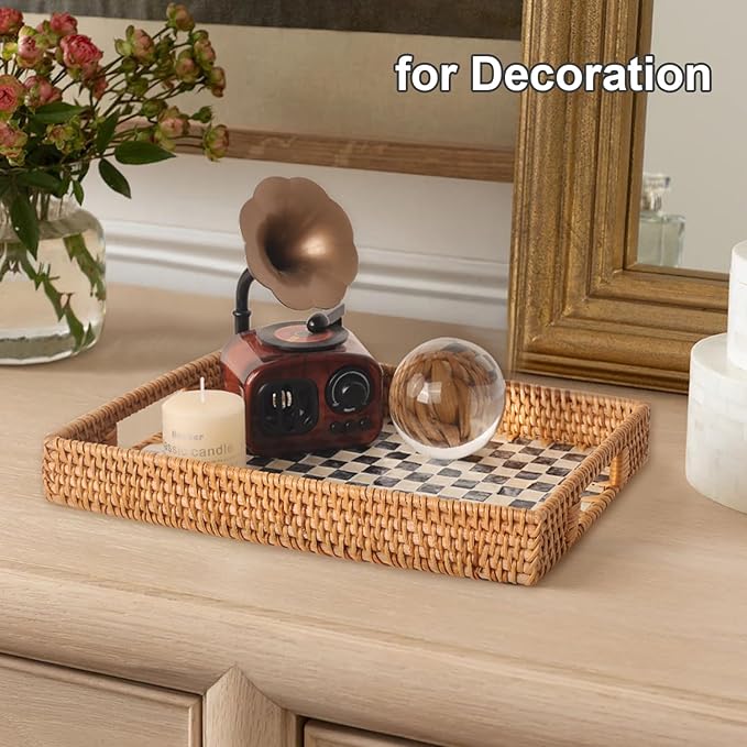 Rectangle Rattan Tray with Mother of Pearl Inlay, Rattan Serving Tray with Handle for Coffee, Bread, Fruits, Snacks, Decorative Wicker Tray for Table Decor (Black Checkerboard, 13"×9")