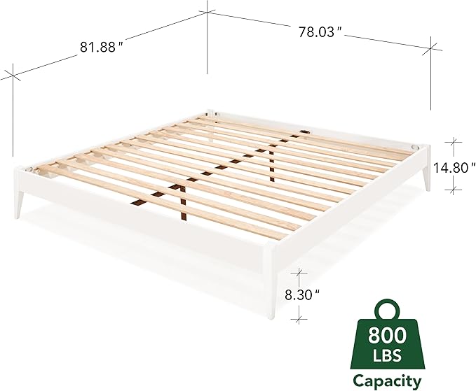Bme Dinkee Signature Ivory White King Bed Frame Without Headboard - Modern & Minimalist Style with Acacia Wood - 12 Strong Wood Slat Support - Easy Assembly - No Box Spring Needed