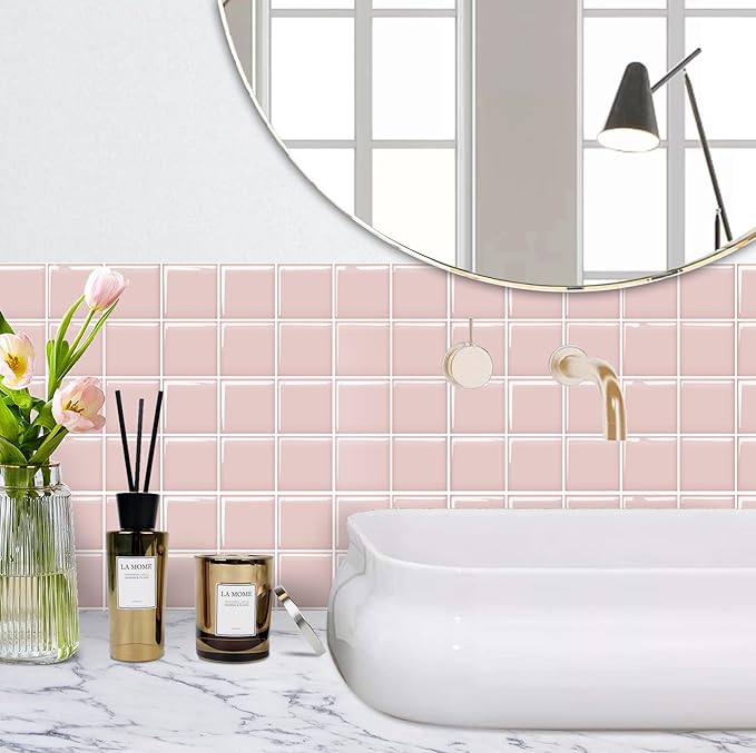 Alwayspon 10 Sheets 10"x10" Pink 3D Vinyl Backsplash Tiles, Self-Adhesive Peel and Stick Wall Tile Stickers Stick on Subway Tiles for Kitchen Bathroom Wall