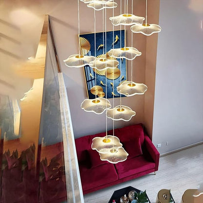 ziidoo High Ceiling Chandelier - 12-Light Dimmable Modern Gold Long Spiral Luxury Linear Lotus Leaf Led Lamp Hanging Pendant Lights for Foyer Enterway Staircase Villas