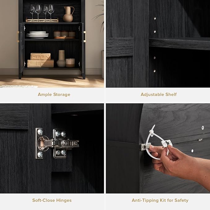 mopio Lauren 77.4" Tall Arched Cabinet, 5-Tier Arched Bookcase with Doors and Adjustable Shelves, Arch Bookshelf with Storage, Wooden Storage Cabinet for Living Room and Kitchen Pantry Set of 2, Black