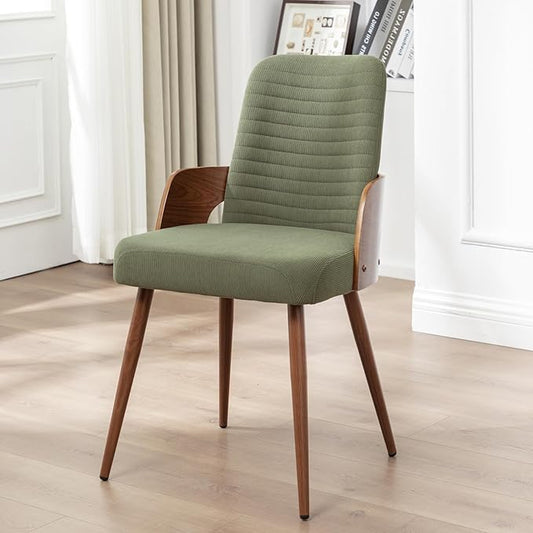 Dining Room Chairs,Mid Century Modern Kitchen Chairs,Green Corduroy Fabric Upholstered Chairs,Metal Legs Wooden Desk Chairs,Armless and No Wheels for Kitchen Dining Room,1PCS