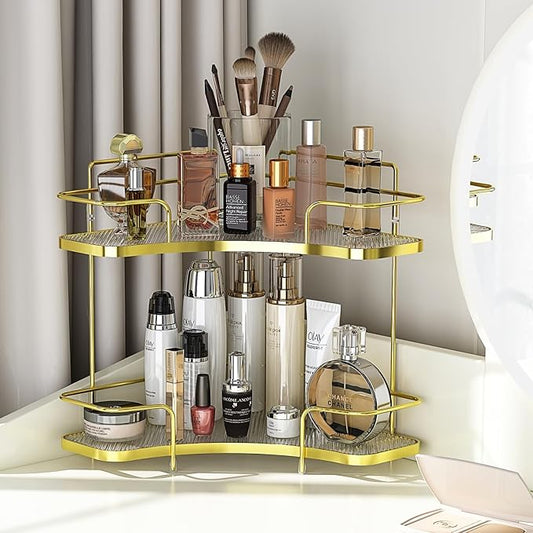 FOLLOWIN 2 Tier Bathroom Corner Countertop Organizer,Make Up Organizers and Storage,Corner Counter Shelf,Skincare Makeup Cosmetic Vanity Lotion Perfume Organizers Holder,Shine Gold