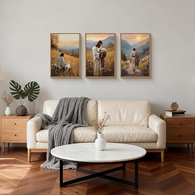 HOURIA Jesus Leaves The 99 Sheep Framed Canvas Wall Art Set,Christian The Lost Sheep Wall Decor,Jesus Embraces Lamb Artwork,Religious Biblical Art Prints for Living Room, Bedroom, Church- 16"x24"x3