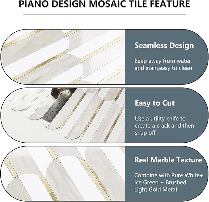 Vamos Tile Peel and Stick Backsplash Seamless Tile for Kitchen and Bathroom,White and Glossy Wooden Marble PVC Mixed Light Gold Self Adhesive Fish Scale Metal Mosaic Tiles (10 Sheets)