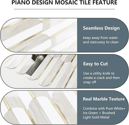 Vamos Tile Peel and Stick Backsplash Seamless Tile for Kitchen and Bathroom,White and Glossy Wooden Marble PVC Mixed Light Gold Self Adhesive Fish Scale Metal Mosaic Tiles (10 Sheets)