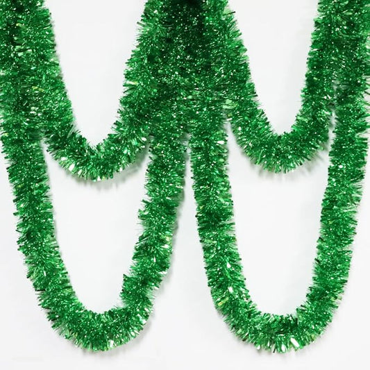 25 ft Long Roll Green Tinsel Twist Garland, Shiny Metallic Foil Decorations for Parade Floats, Halloween, Christmas Eve, New Year Parties (4" x 25' roll, Green)