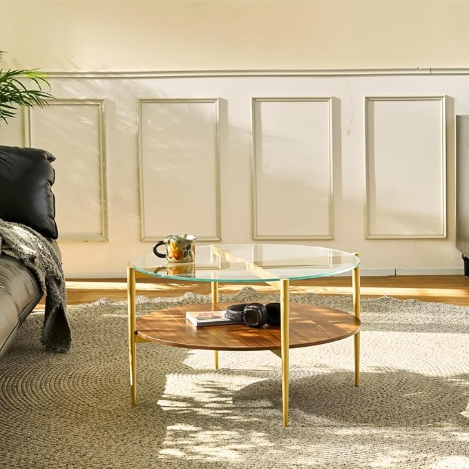 Saint Mossi BLEVIO Glass Round Coffee Table, Middle-Century Modern Style, Perfect for Living Room, Clear Glass Top & Walnut Brown MDF Wood Top, with Gold Finish Legs & Frame
